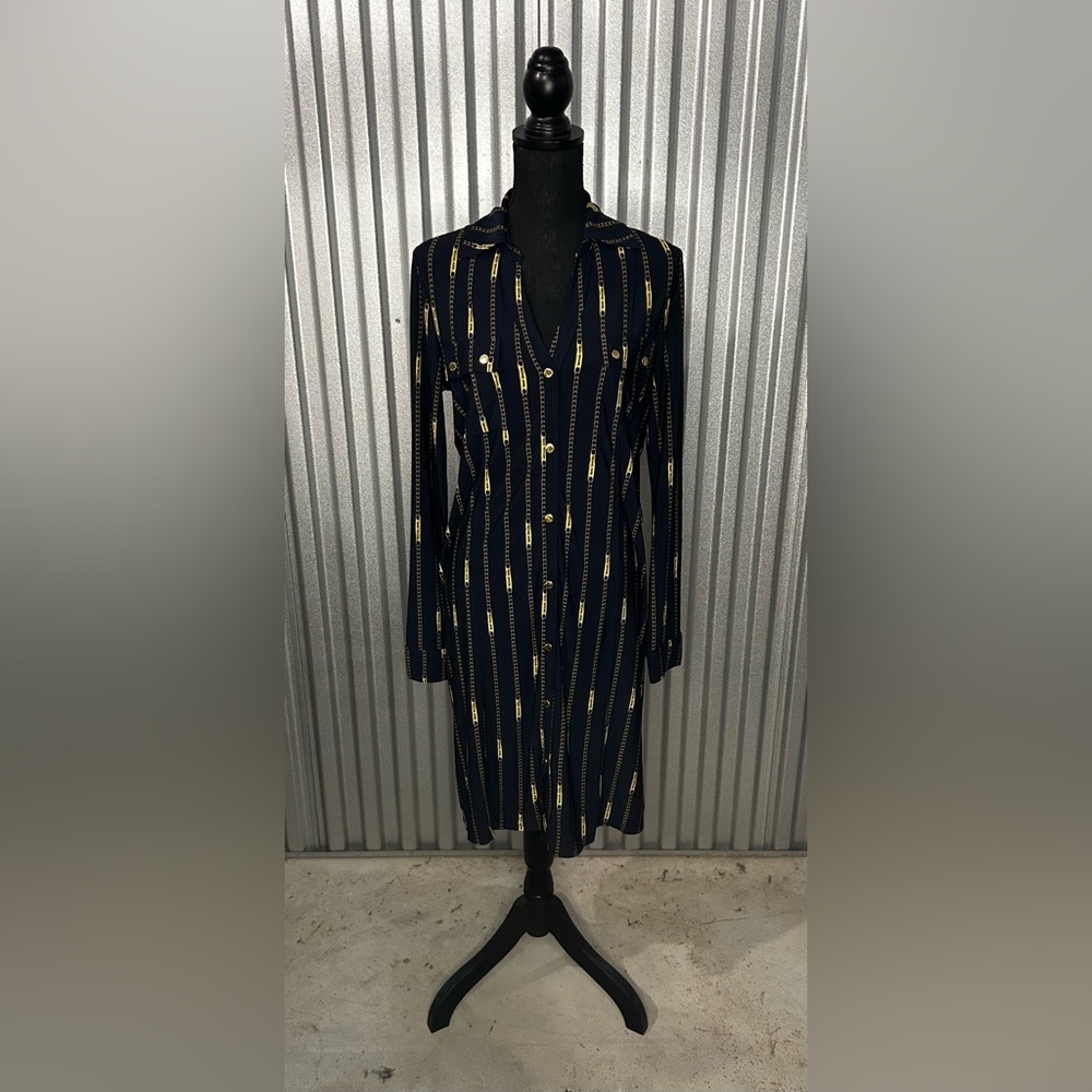Women’s Michael Kors Blue Gold Geometric Long Sleeve Midi Dress Designer Medium